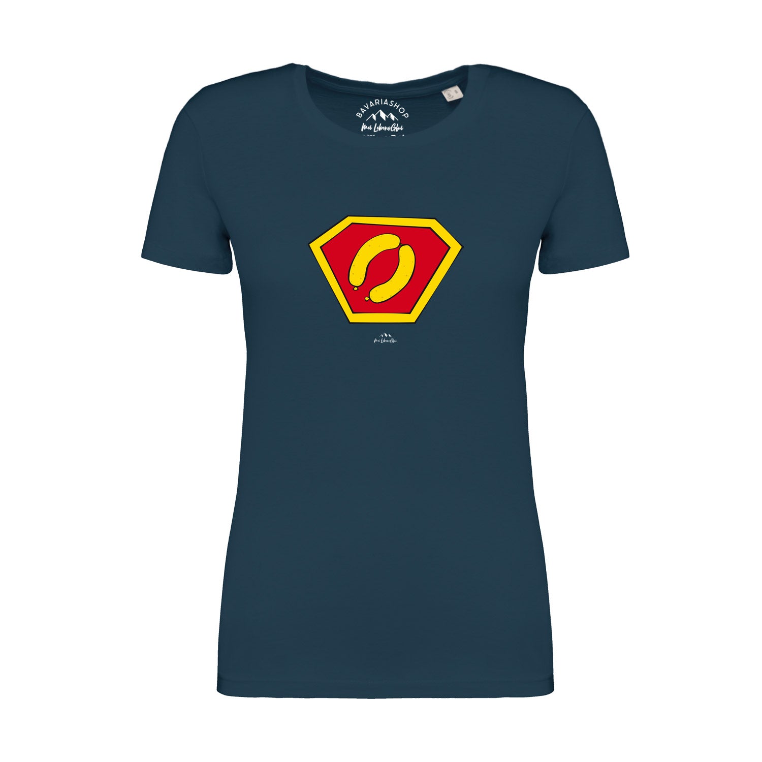 Pfauenblaues Damen-T-Shirt mit weißem "Super-Weißwurscht"-Schriftzug, Rundhalsausschnitt, 100 % Bio-Baumwolle.