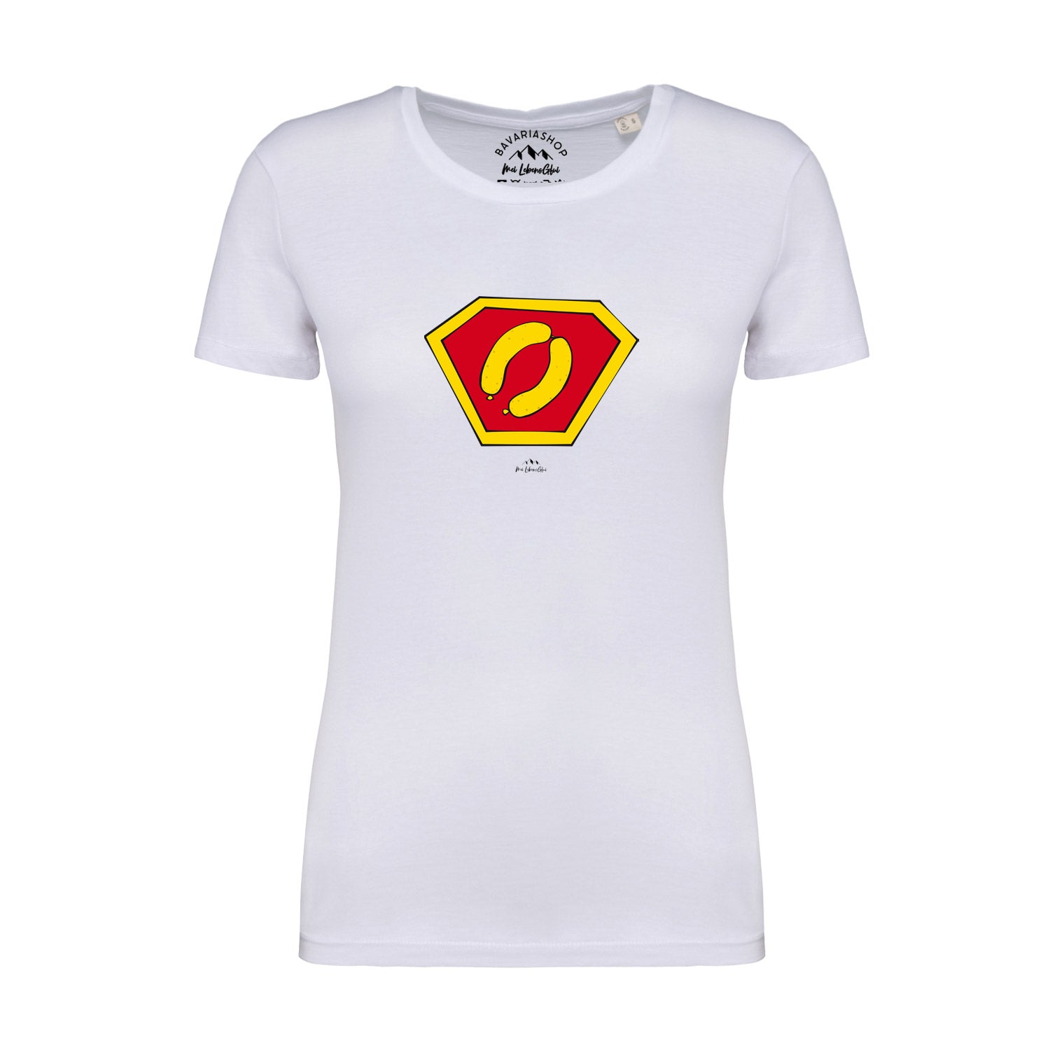 Weißes Damen-T-Shirt mit „Super-Weißwurscht“-Aufdruck in kräftigem Blau, gerade Form, 100 % Bio-Baumwolle.