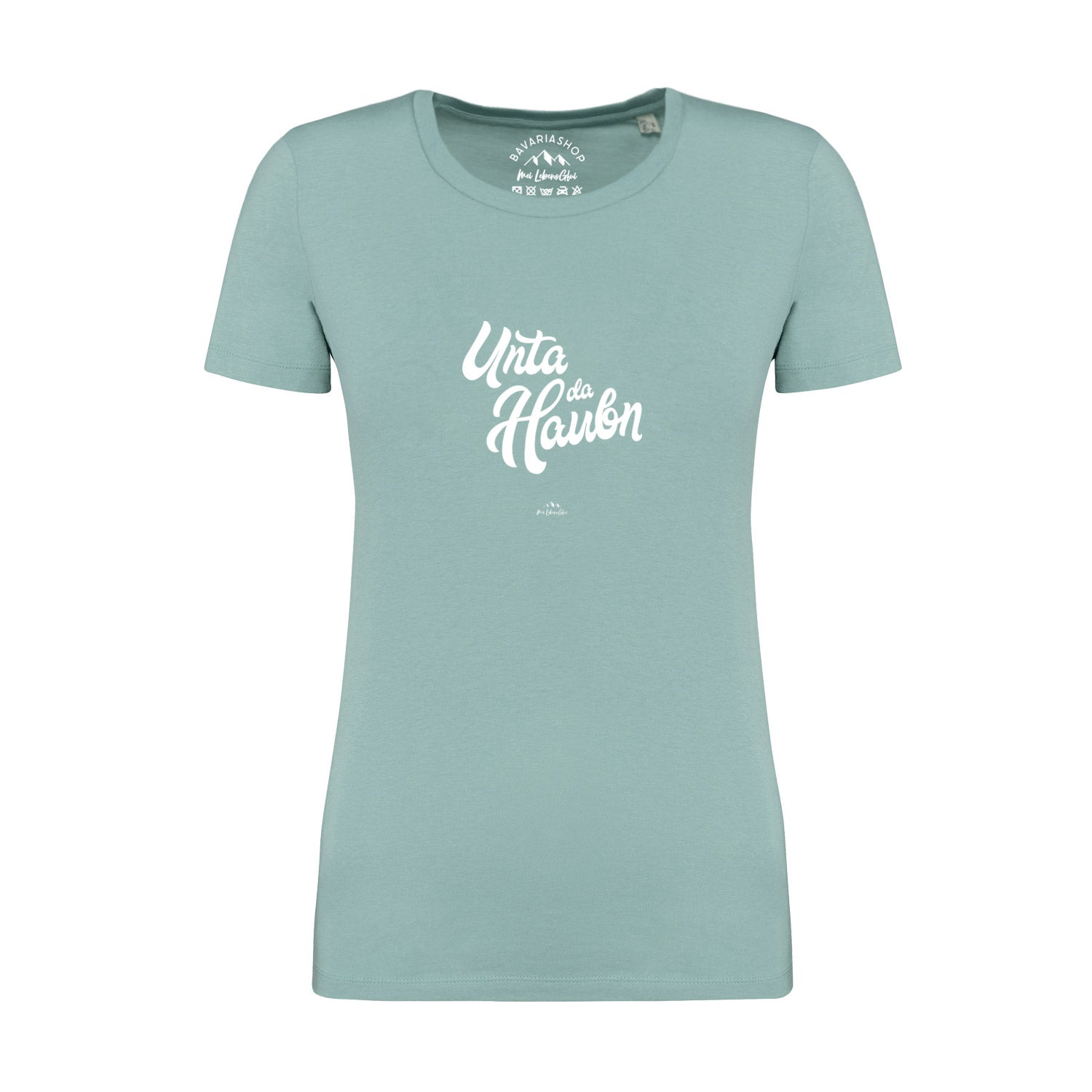 Pastellgrünes Damen T-Shirt mit bayerischem Schriftzug „Unta da Haubn“, Rundhalsausschnitt, 100 % Bio-Baumwolle.