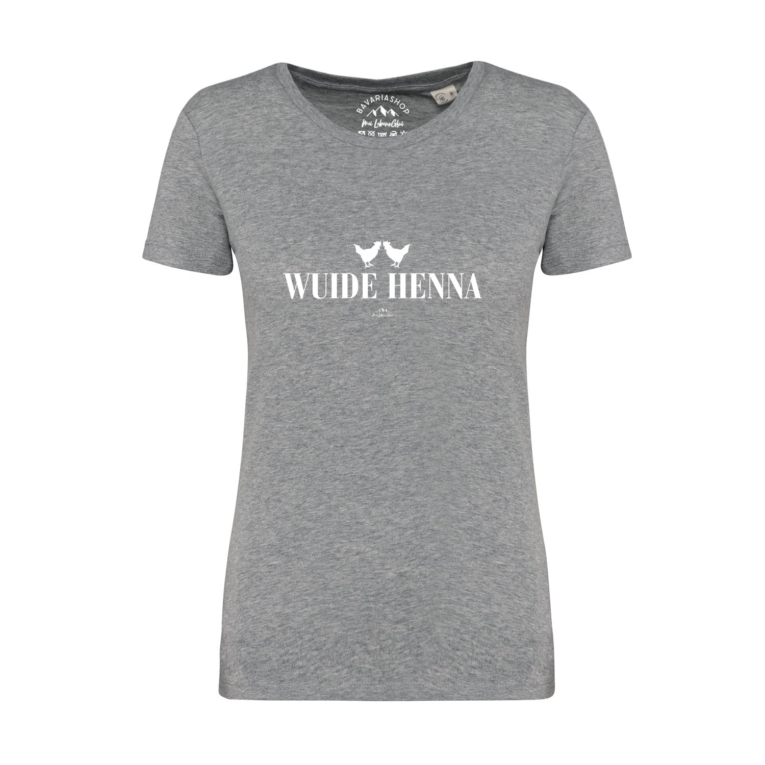 Damen T-Shirt in Grau-Meliert mit weißem „Wuide Henna“-Schriftzug, Rundhalsausschnitt, 100 % Bio-Baumwolle.