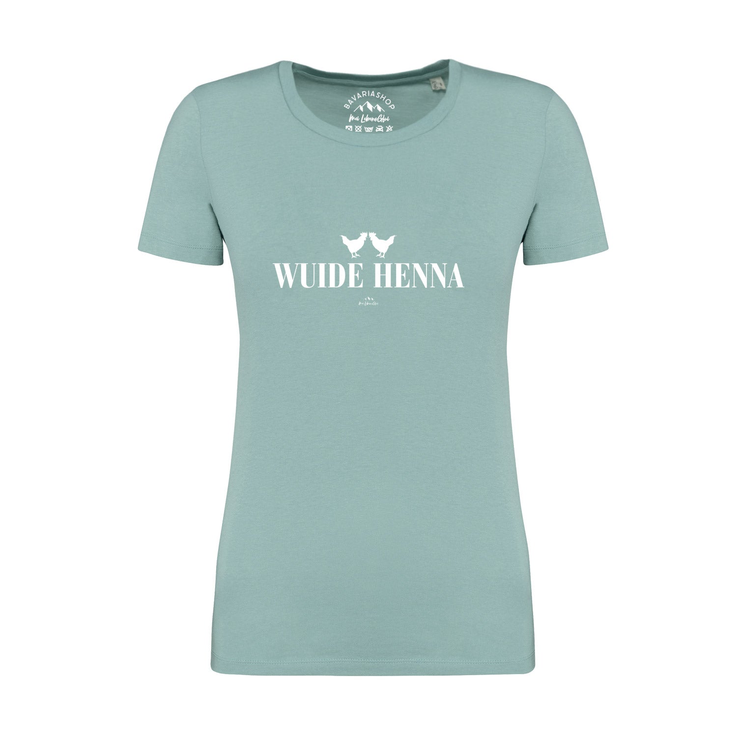 Damen T-Shirt in Pastellgrün mit weißem Schriftzug „Wuide Henna“, Rundhalsausschnitt, 100 % Bio-Baumwolle.