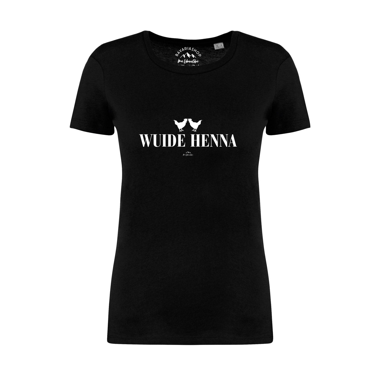 Schwarzes Damen-T-Shirt mit weißem Frontprint "Wuide Henna", kurze Ärmel, runder Ausschnitt, 100 % Bio-Baumwolle.