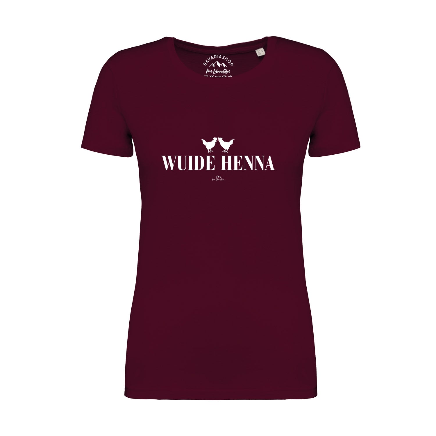 Damen T-Shirt in Weinrot mit weißem Schriftzug "Wuide Henna", kurzärmelig, aus 100 % Bio-Baumwolle.