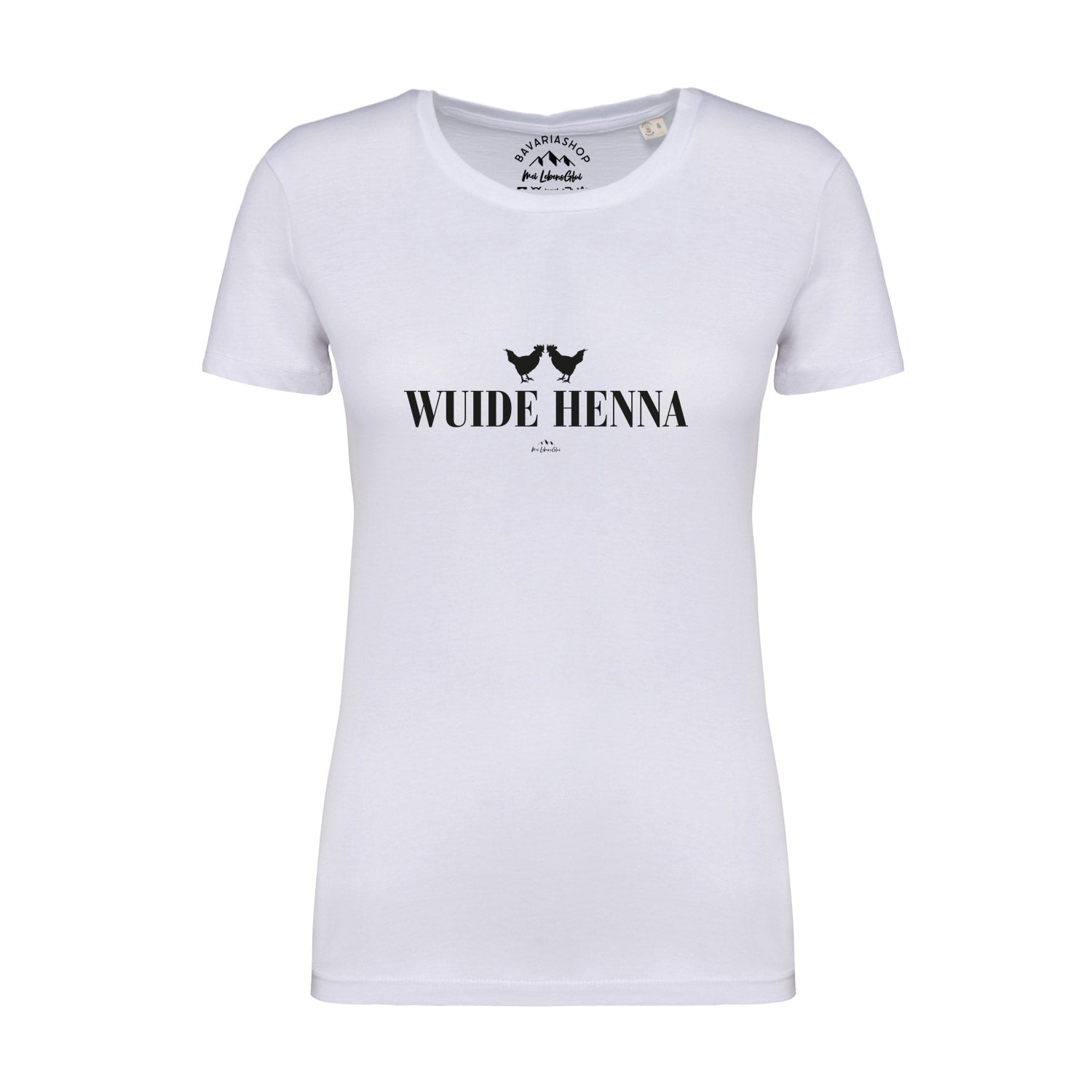Weißes Damen-T-Shirt mit schwarzem "Wuide Henna" Schriftzug, Rundhalsausschnitt, aus 100 % Bio-Baumwolle.