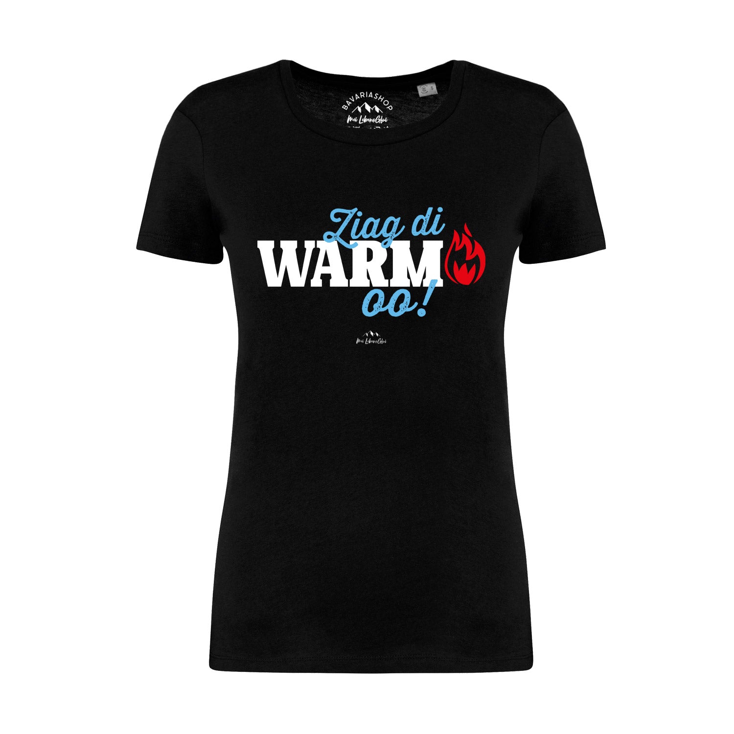 Schwarzes Damen-T-Shirt mit weißem Schriftzug „Ziag di warm oo!“ aus 100 % Bio-Baumwolle, kurzer Schnitt.