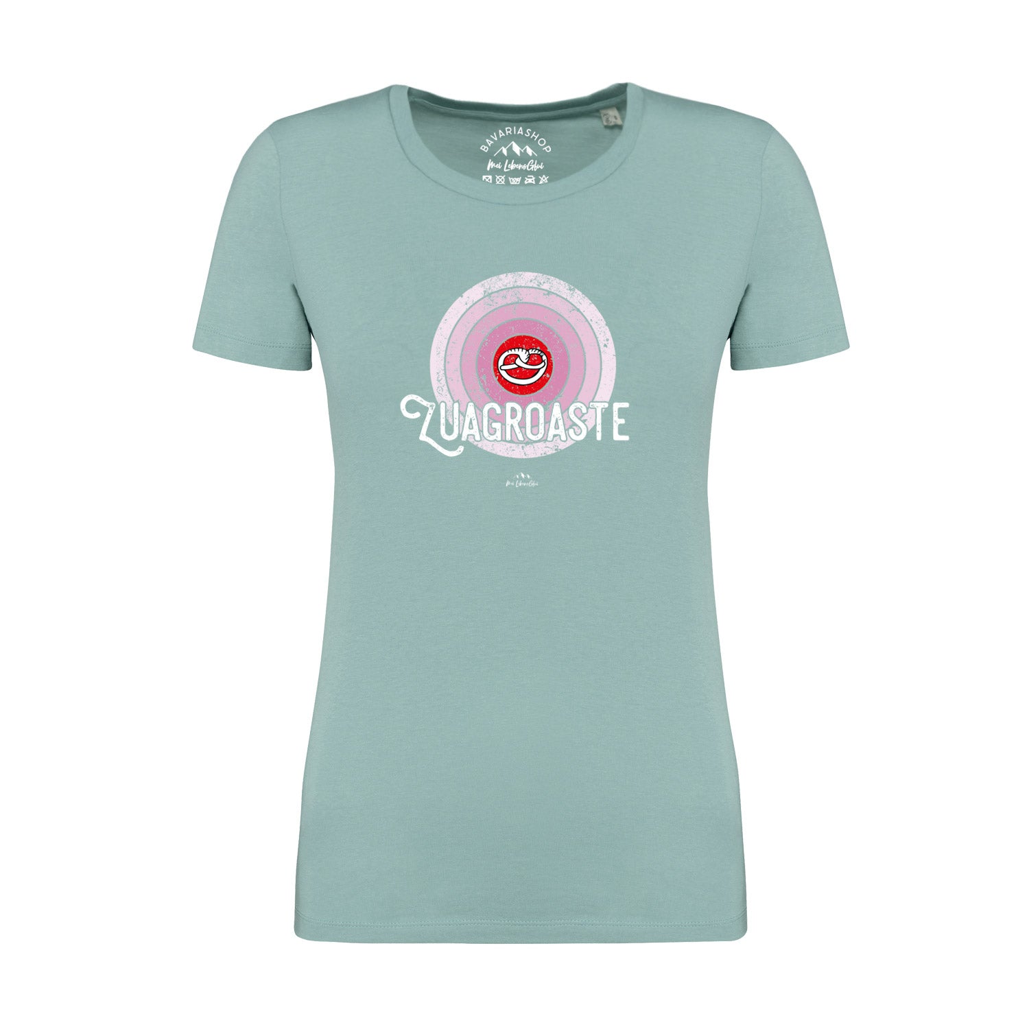 Pastellgrünes Damen T-Shirt mit Aufdruck „Zuagroaste“ in Weiß, Kurzarm, aus 100 % Bio-Baumwolle.