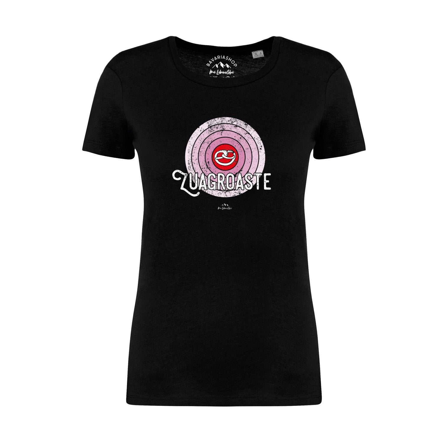 Schwarzes Damen-T-Shirt mit weißem „Zuagroaste“-Schriftzug, aus 100 % Bio-Baumwolle, klassischer Schnitt.