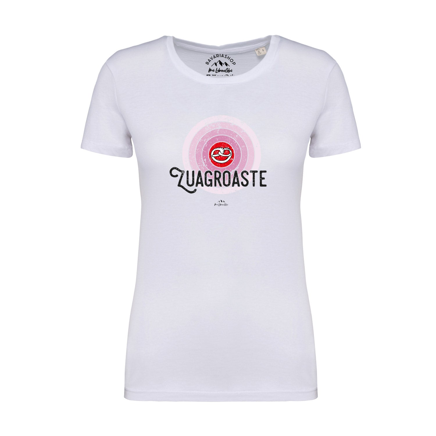 Weißes Damen-T-Shirt mit schwarzem Frontprint „Zuagroaste“ in bayerischer Mundart, aus 100 % Bio-Baumwolle.