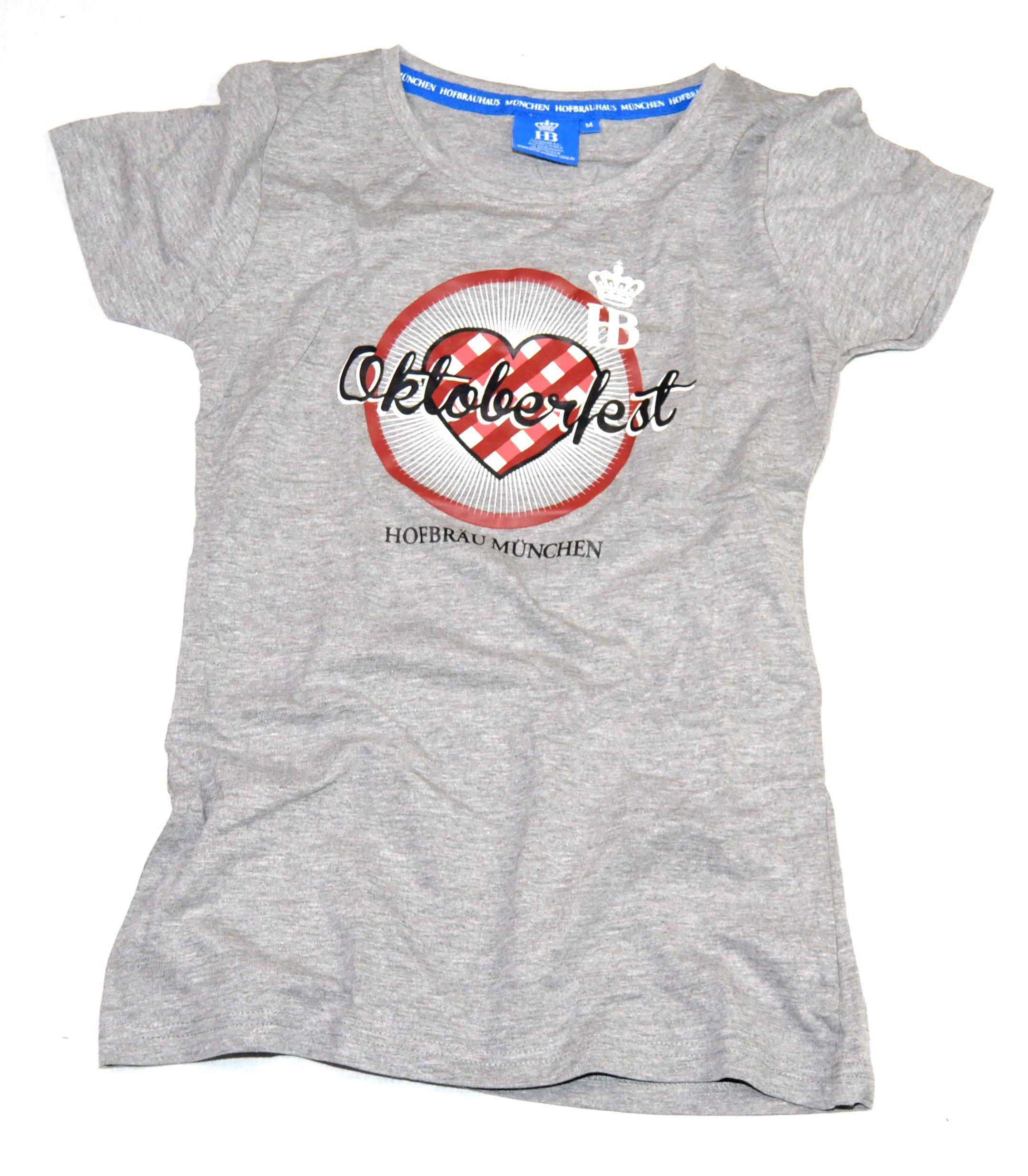 Damen-T-Shirt in Weiß mit rotem Karo-Herz-Motiv, Vintage-Schriftzug "Oktoberfest", kurzärmelig aus Baumwolle.