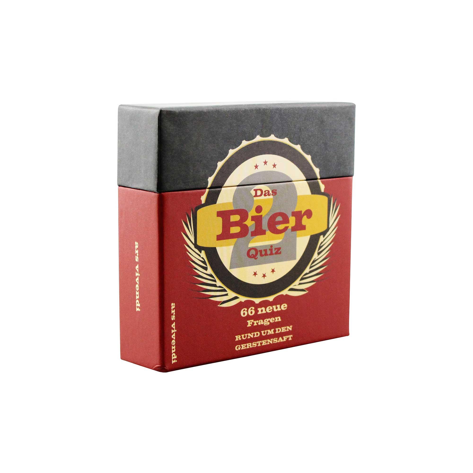 Quiz-Kartenspiel mit 66 Spielkarten zum Thema Bier, rechteckig, in Blau, Gelb und Weiß gestaltet.