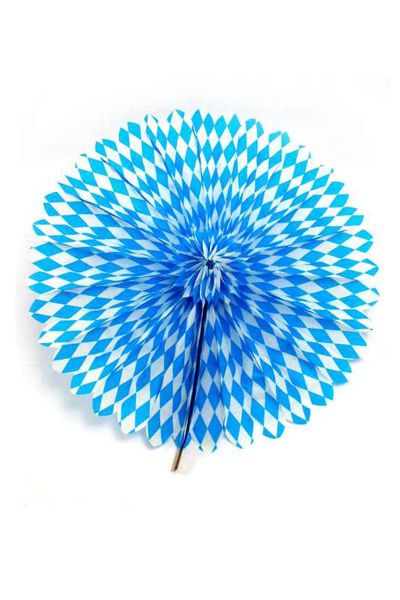 Runder Dekofächer mit blau-weißem Rautenmuster im bayrischen Stil aus Papier, ca. 50 cm Durchmesser.