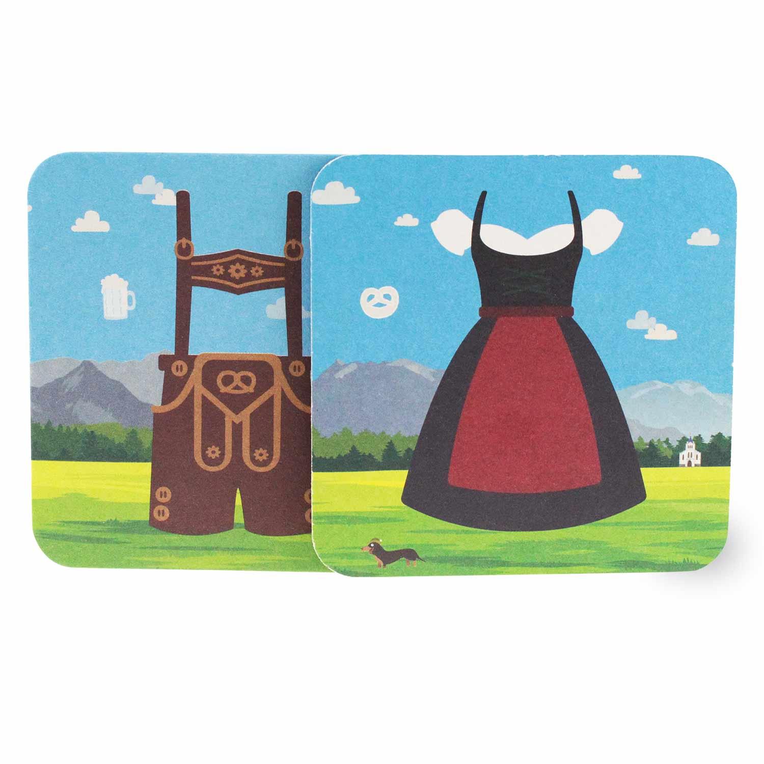 Bierfilzl mit Dirndl-Motiv auf der Vorderseite und Lederhosen-Motiv auf der Rückseite, quadratisch, 20 Stück, 93×93 mm.