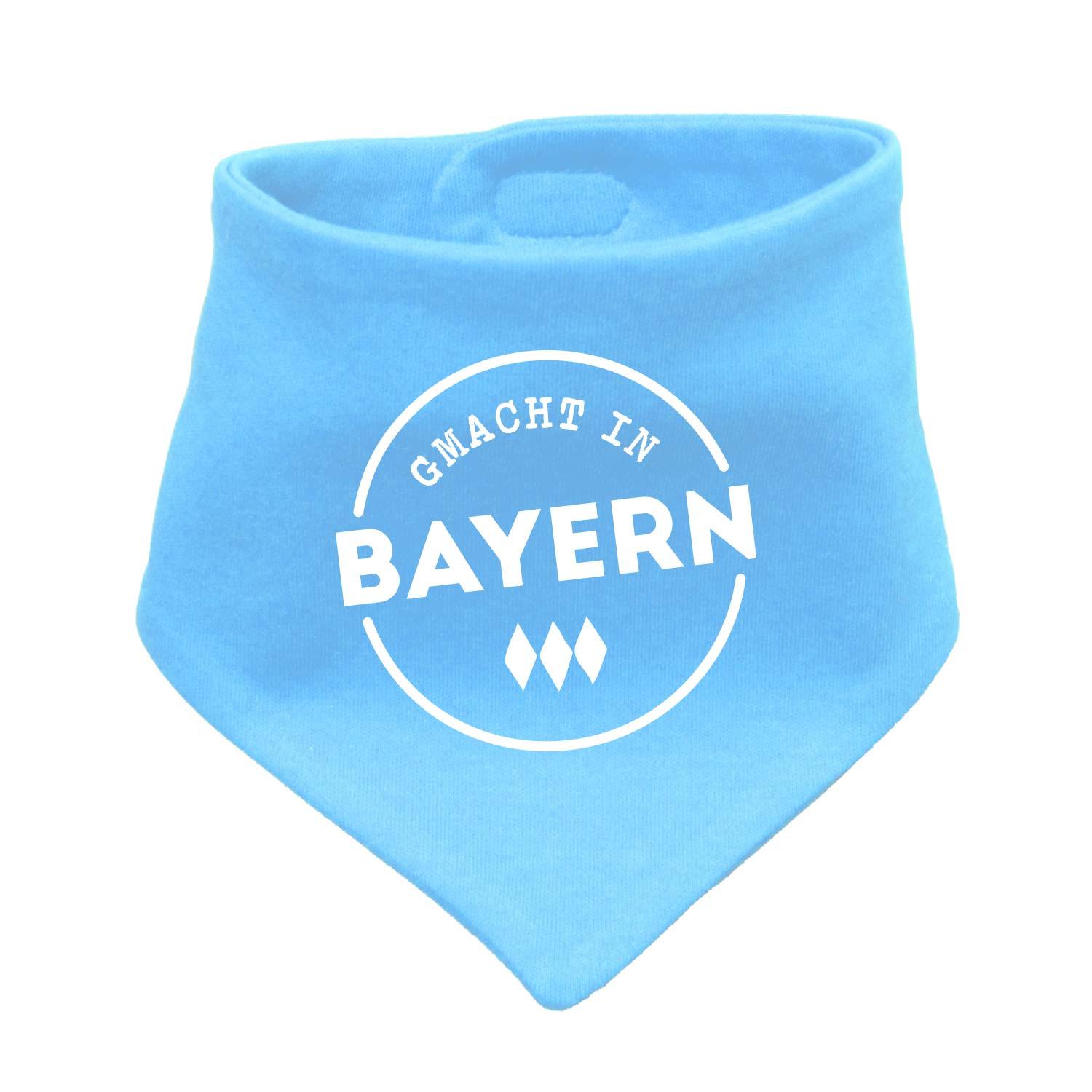 Helles Babyhalstuch "Gmacht in Bayern" in Blau, bedruckt mit weißem bayerischen Dialekt-Schriftzug und Rauten.