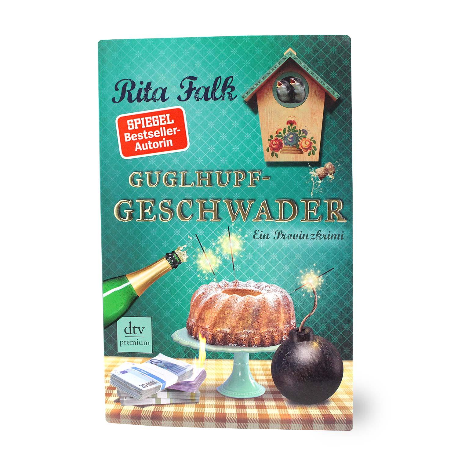 Taschenbuch mit rotem Cover, Titel „Guglhupf-Geschwader“, weißer Schriftzug, 10. Eberhofer-Krimi, 320 Seiten.