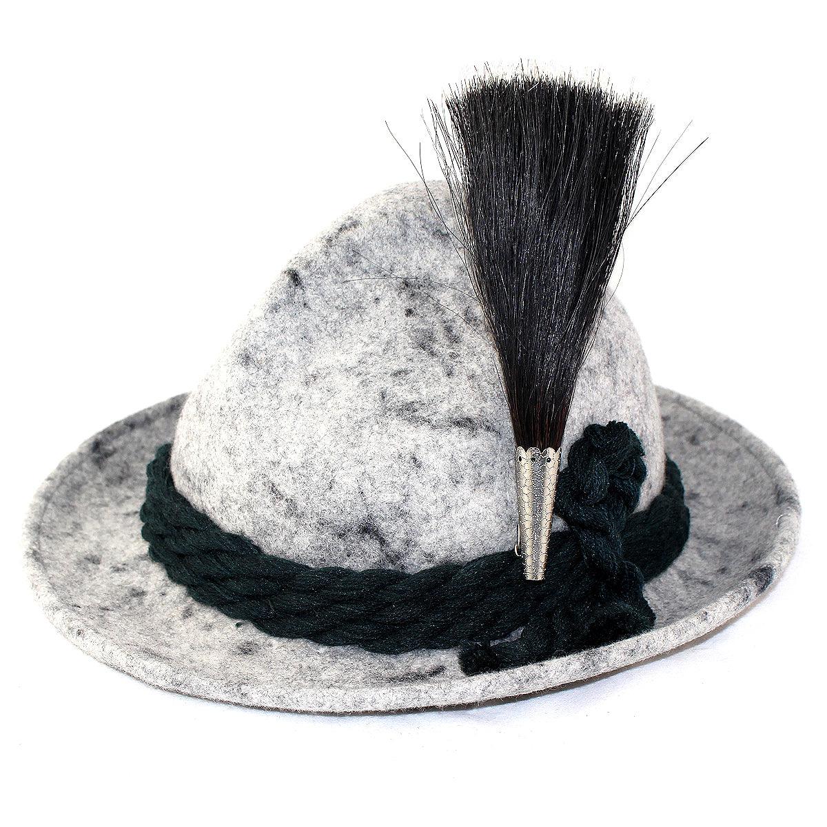 Traditioneller Gamsbart mit dichter, fächerförmiger Borstenstruktur und silberfarbener Metallhülse, ca. 16 cm hoch.