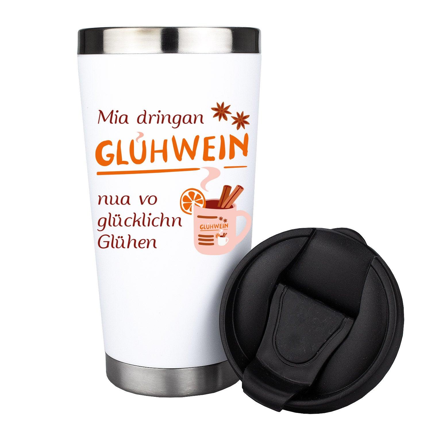 Weißer Thermo-Becher Mia dringan Glühwein mit Spruch und Glühweinmotiv, daneben schwarzer Deckel.