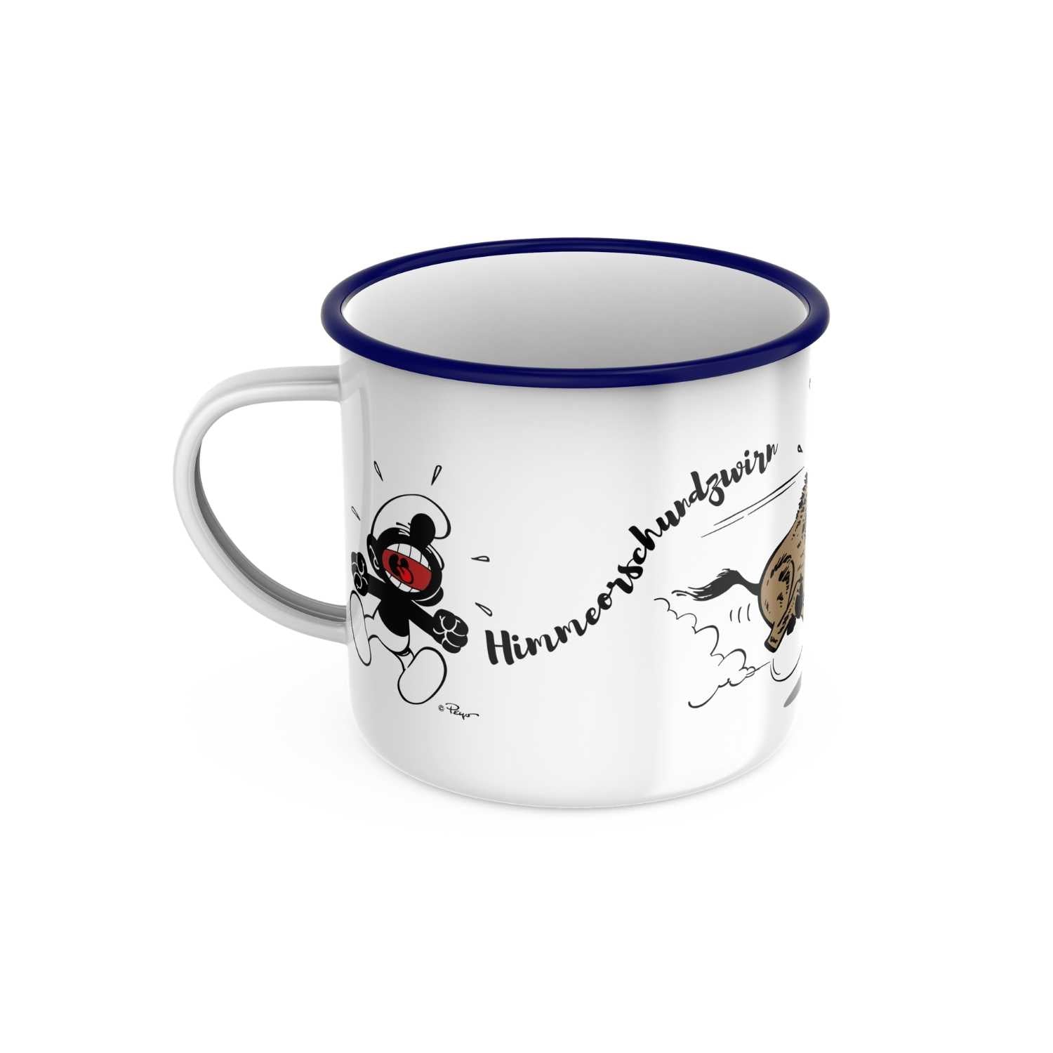 Weiße Schlümpfe Emailletasse "Himmeorschundzwirn" mit brüllendem Schlumpf und galoppierendem Wildschwein-Motiv.