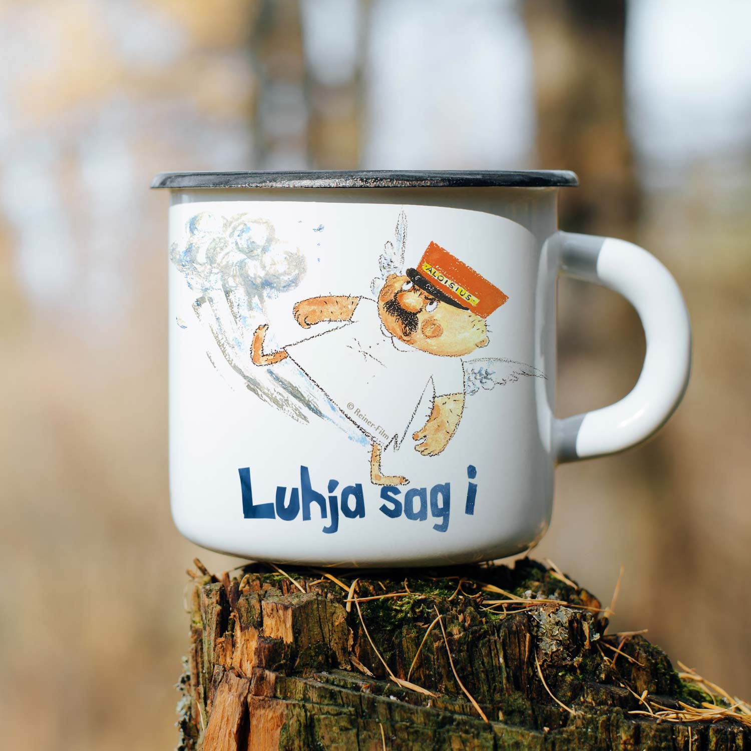 Weiße Emaille-Tasse mit blauem Rand, Aufdruck „Engel Aloisius“ und Schriftzug „Münchner im Himmel“, 350 ml.