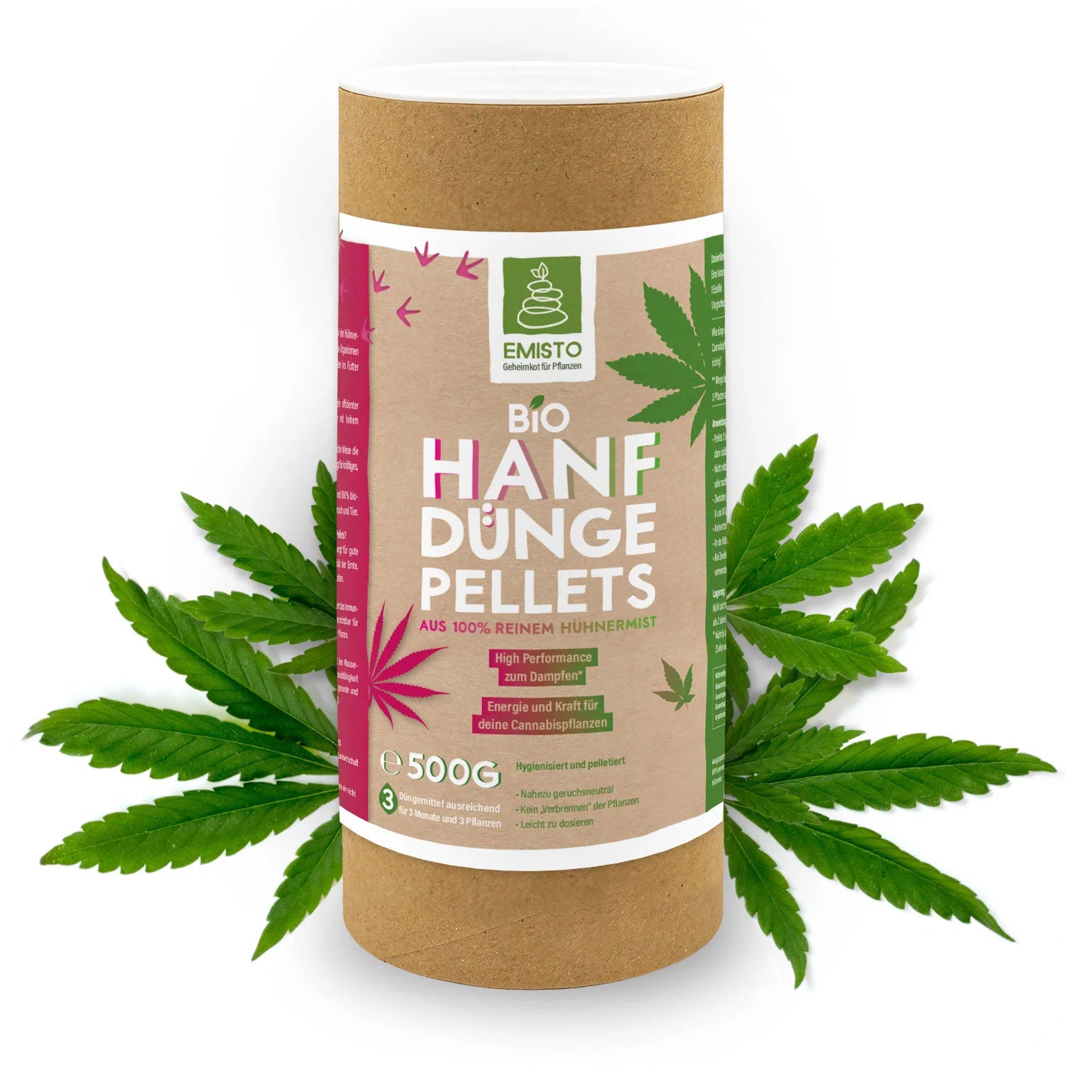 Organischer Bio-Hanf-Dünger in Pelletform, reich an Nährstoffen wie Stickstoff, Phosphat und Kalium, 500 g.