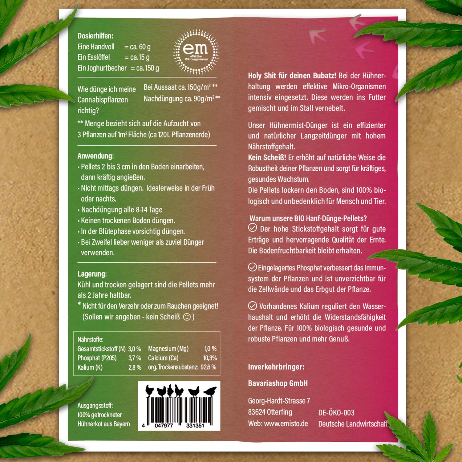 Organischer Hanfdünger in Pelletform, bio, chemiefrei, mit Mikronährstoffen und Mikroorganismen, 500 g.