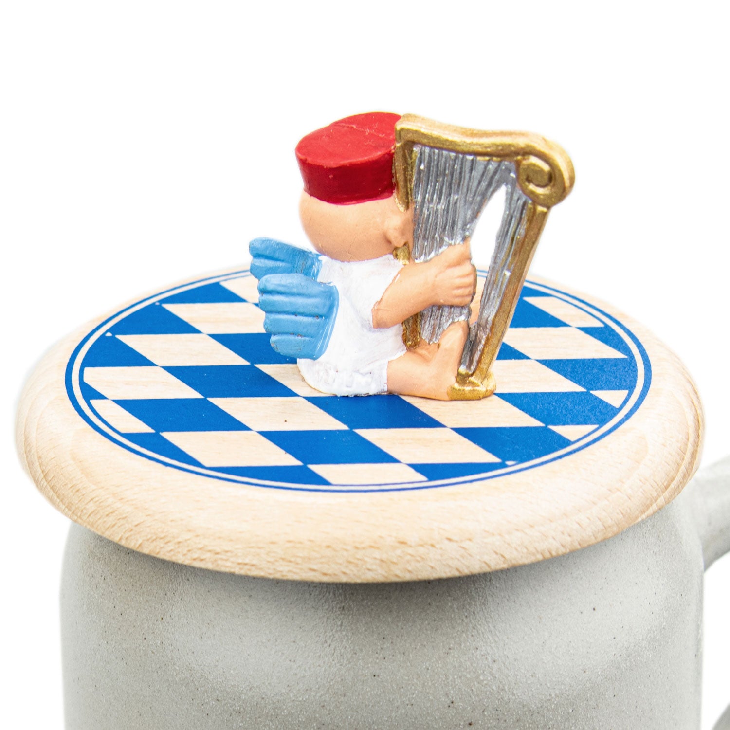 Runder Bierglasdeckel aus Holz mit Aloisius-Figur und Harfenmotiv, ca. 10 cm Durchmesser, Figur ca. 5 cm hoch.