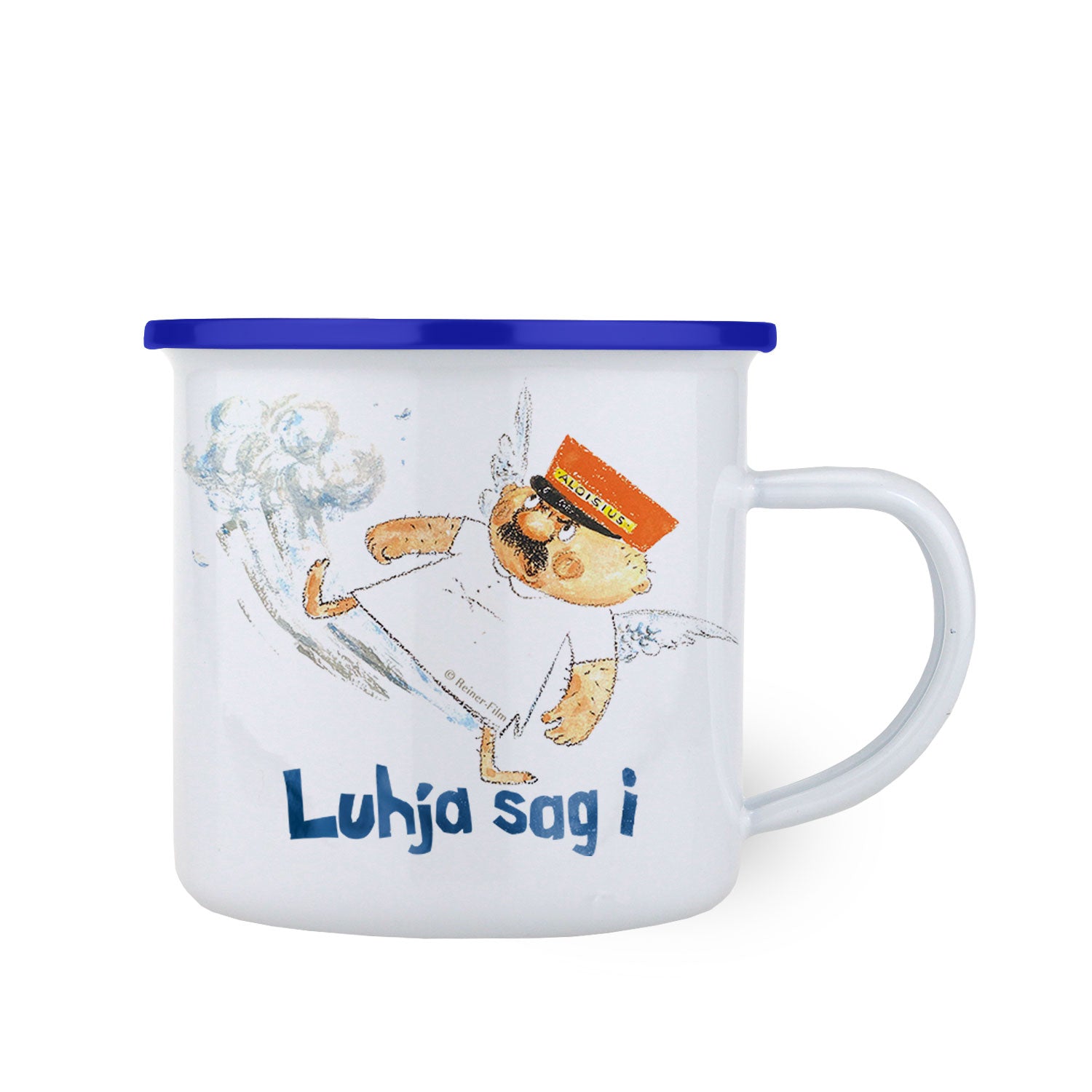 Engel Aloisius Emaille-Tasse mit weißem emailliertem Becher, blauem Rand und "Luja sag i"-Motiv