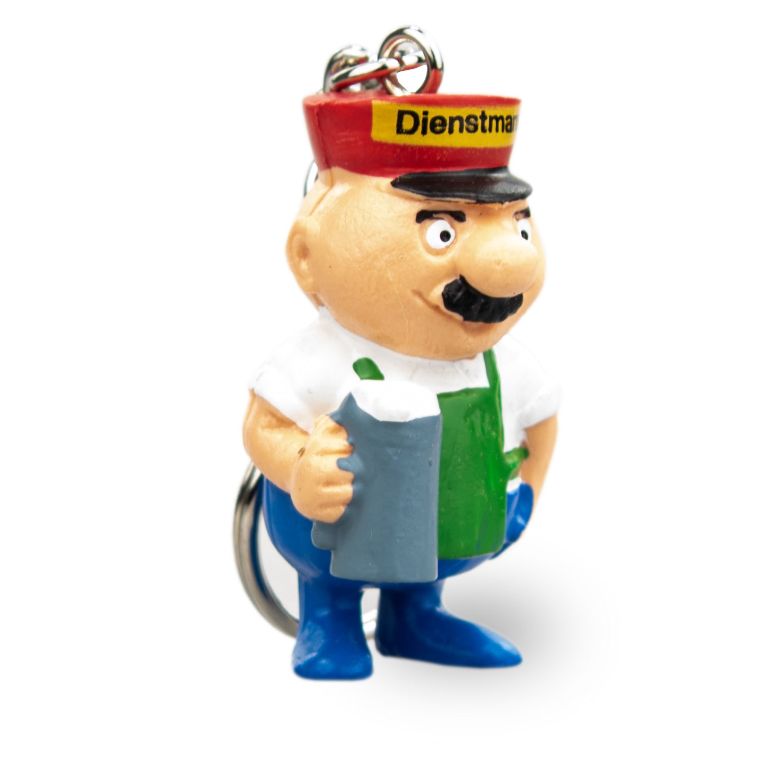 Schlüsselanhänger mit Comicfigur Engel Aloisius als Biertrinker, mit Flügeln und Maßkrug, rund 5 cm groß, Metallring.