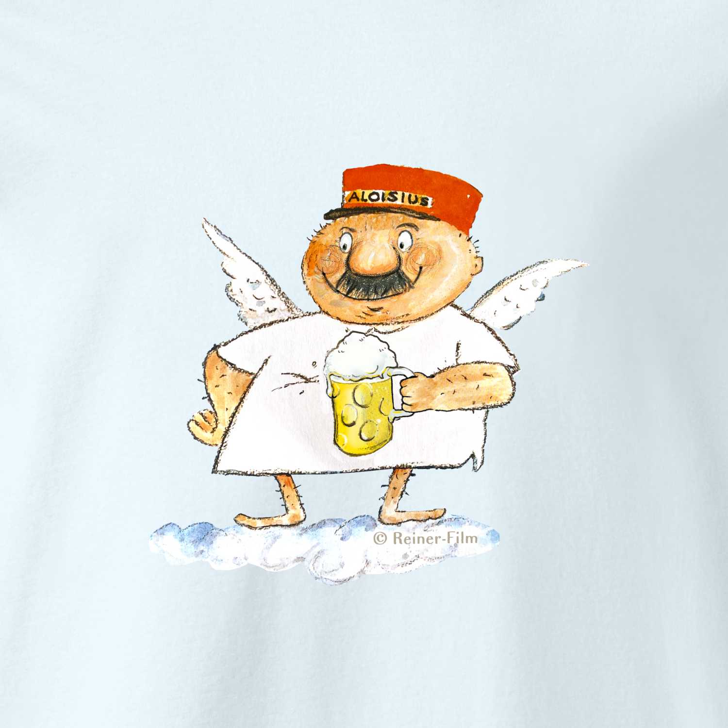 Engel Aloisius Herren T-Shirt mit Cartoon-Darstellung eines bayerischen Engels mit roter Mütze, Bierkrug und Flügeln auf Wolke.