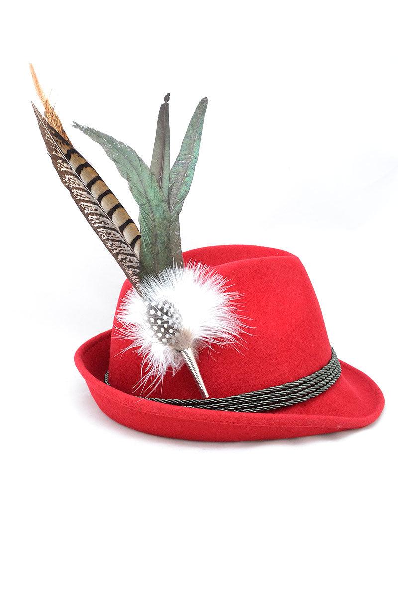 Hutschmuck mit gemischten Hahnen- und Fasanenfedern in Naturtönen, braun-schwarz gemustert, ca. 30–32 cm lang.