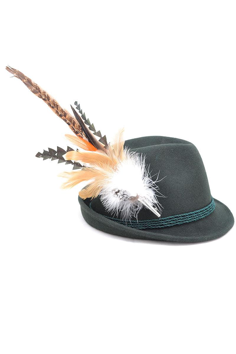 Gezackter Federschmuck aus Hahnen- und Fasanenfedern mit Metallhülse und Sicherheitsverschluss, 30–32 cm lang.