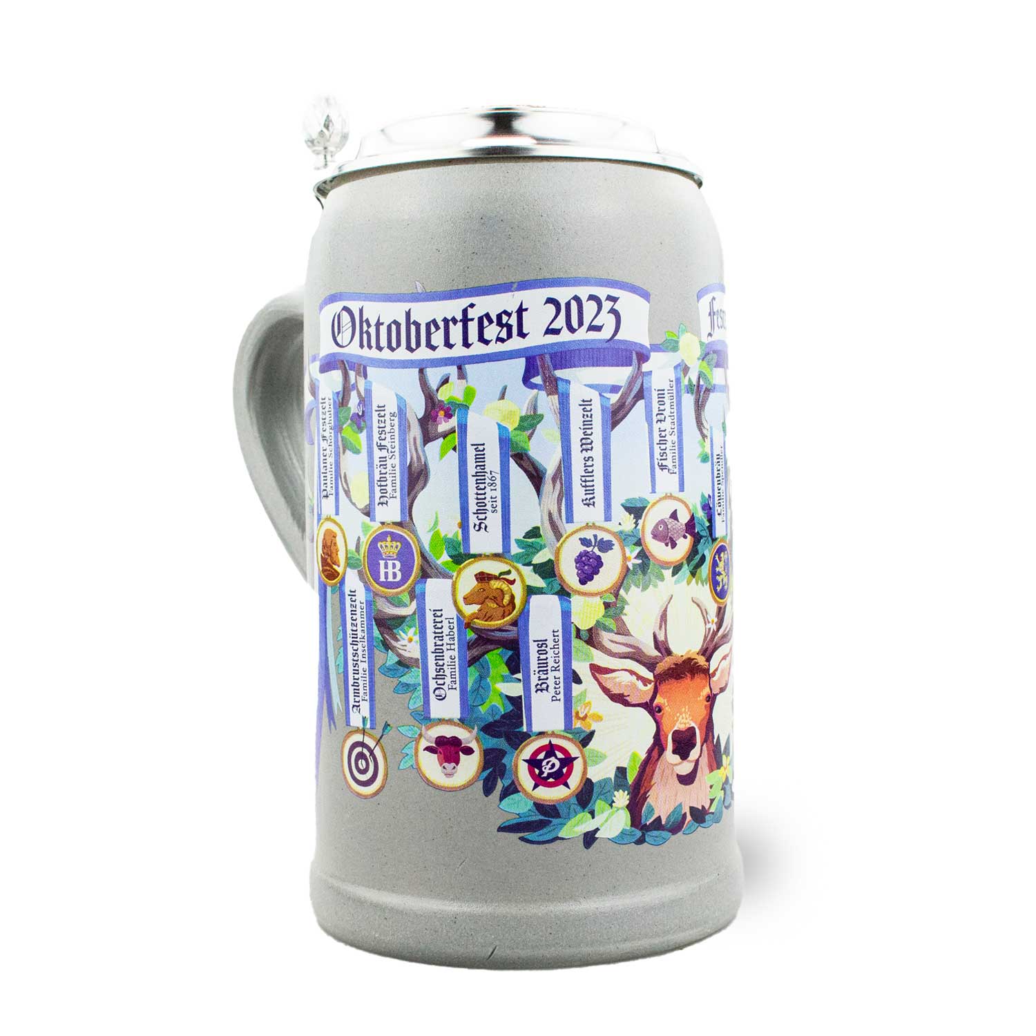 Oktoberfest Steinkrug 2023 mit farbigem Wiesn-Motiv, Zinndeckel und Gravur; durchnummeriert, 1,0 Liter.