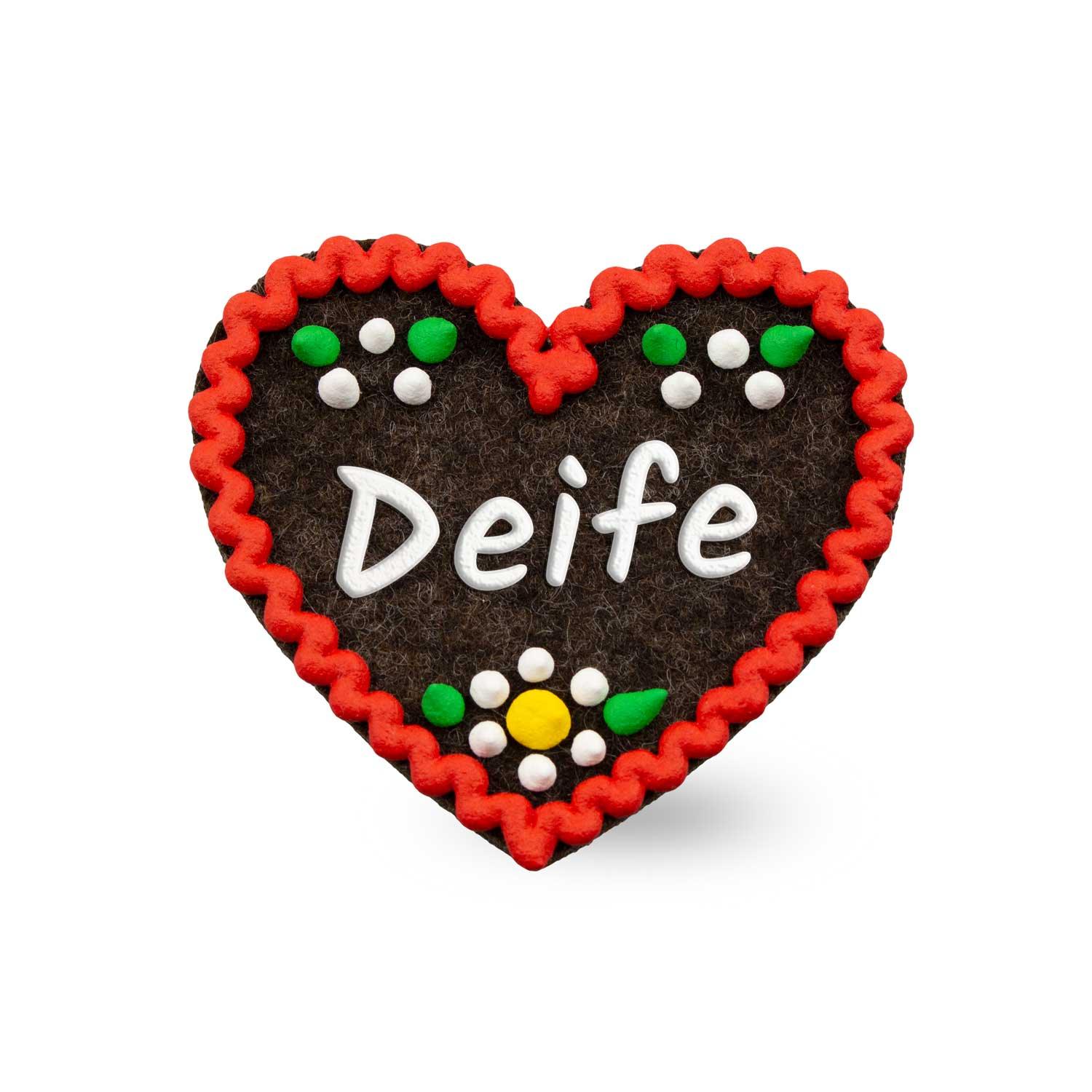 Filzherz-Anstecker mit gesticktem Schriftzug „Deife“, Herzform, Sicherheitsverschluss, ca. 6,5 × 7 cm, Filz, 3 mm dick.
