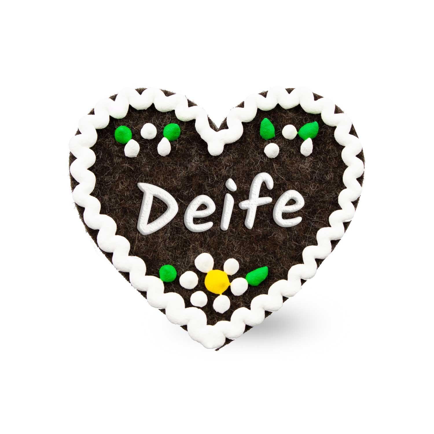 Filzherz-Anstecker mit gesticktem Schriftzug „Deife“, Sicherheitsnadel auf der Rückseite, ca. 6,5 x 7 cm, Filz.