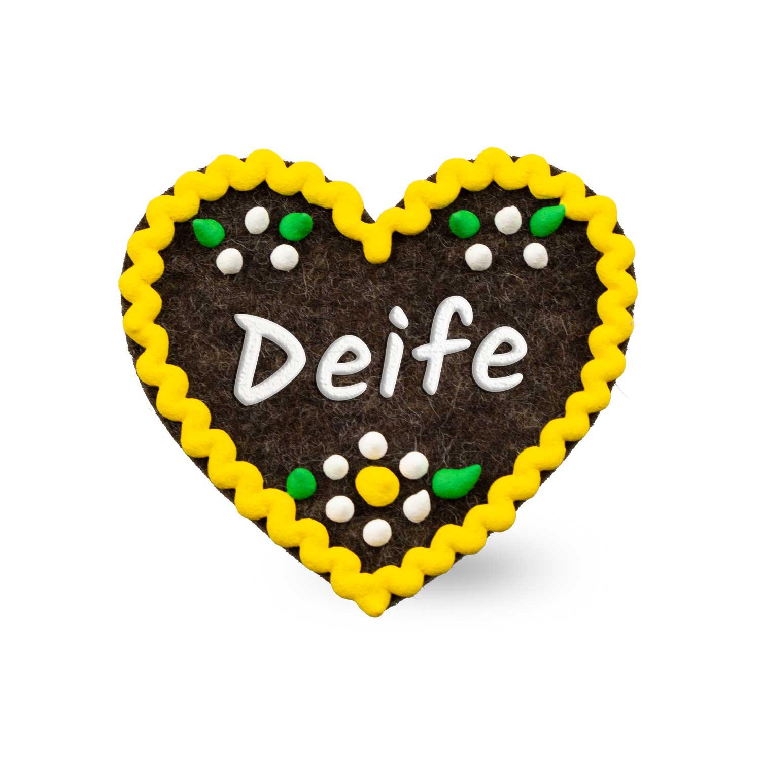 Filzherz-Anstecker mit gesticktem Schriftzug „Deife“, Herzform, Sicherheitsverschluss, ca. 6,5 x 7 cm, Filz, 3 mm dick