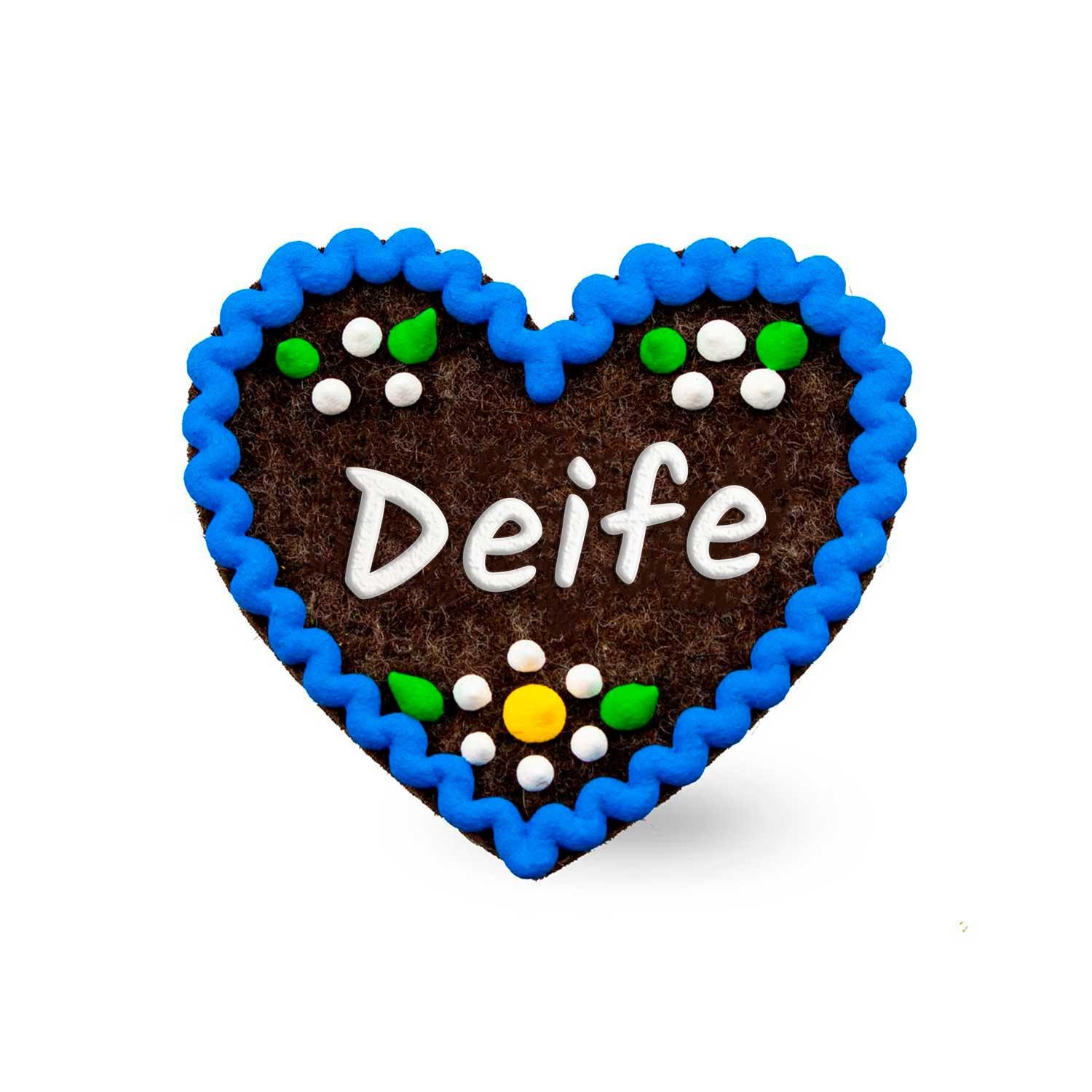 Filzherz-Anstecker in Herzform mit gesticktem Schriftzug „Deife“, Sicherheitsverschluss auf der Rückseite, ca. 6,5 x 7 cm.