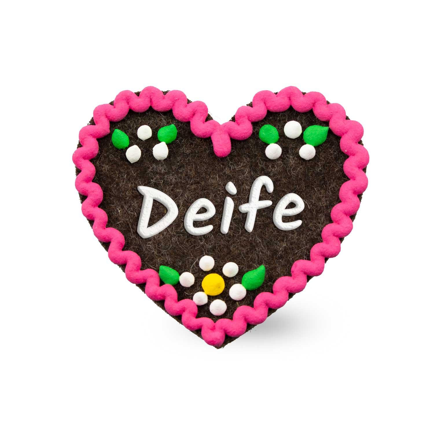 Filzherz-Anstecker mit aufgesticktem Schriftzug „Deife“, Herzform, Sicherheitsverschluss, ca. 6,5 x 7 cm, Filz.