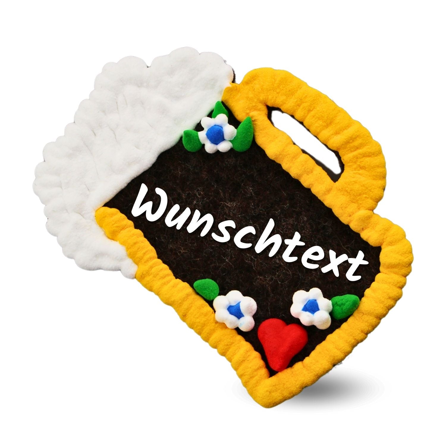 Filz-Anstecker in Herzform mit Maßkrug-Motiv und Wunschtext, aus Wollfilz mit Sicherheitsverschluss, ca. 8 × 8 cm.