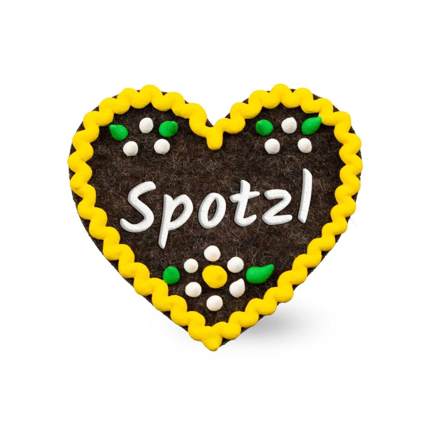 Filzherz-Anstecker mit gesticktem Schriftzug "Spotzl", Sicherheitsnadel-Rückseite, ca. 6,5 x 7 cm, 3 mm dick.