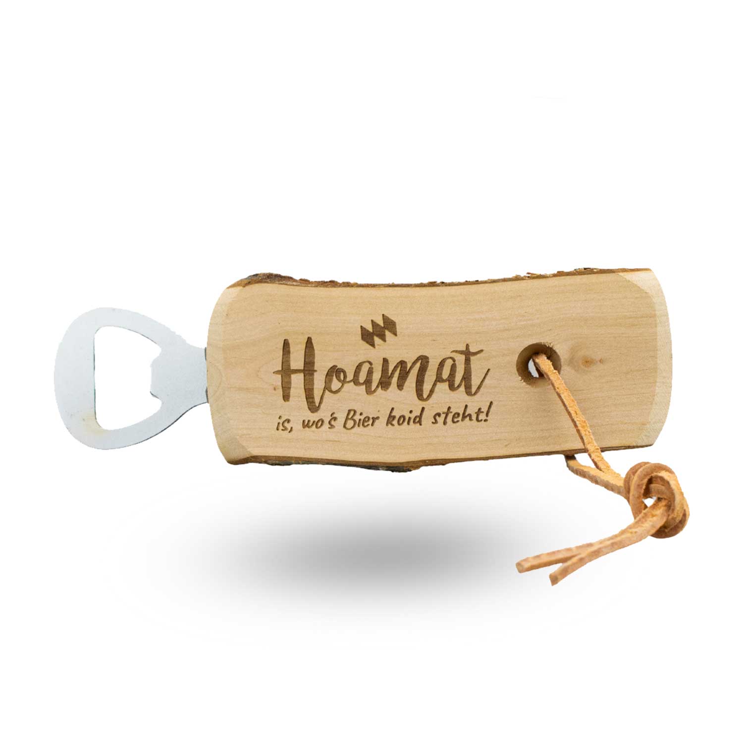 Flaschenöffner aus Holz mit Metallkopf, Gravur „Hoamat is, wo's Bier koid steht!“, ca. 16 cm lang