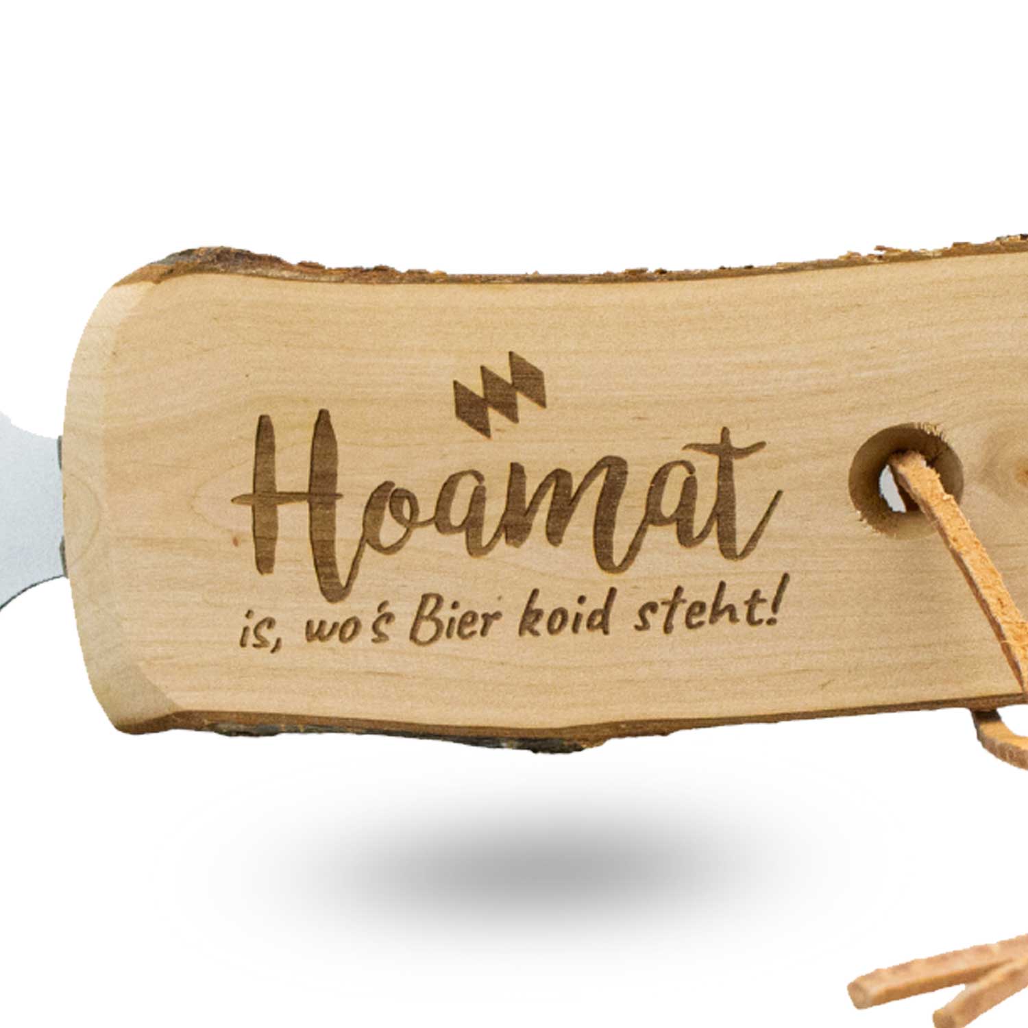Flaschenöffner aus Holz mit Metallkopf, Gravur „Hoamat is, wo's Bier koid steht!“, Länge ca. 16 cm.