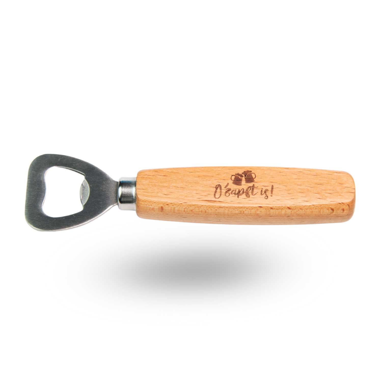 Flaschenöffner aus Holz mit Edelstahl-Klinge, graviertem „O’zapft is!“-Schriftzug, ca. 14,5 cm lang.