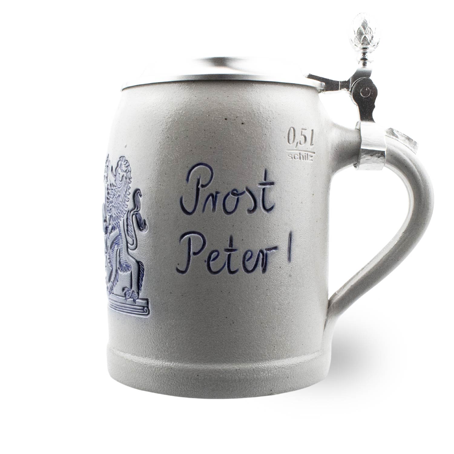 Personalisierbarer Steinkrug mit Zinndeckel, dekorativer Salzglasur und blauer Gravur „Freistaat Bayern“, 0,5 l.