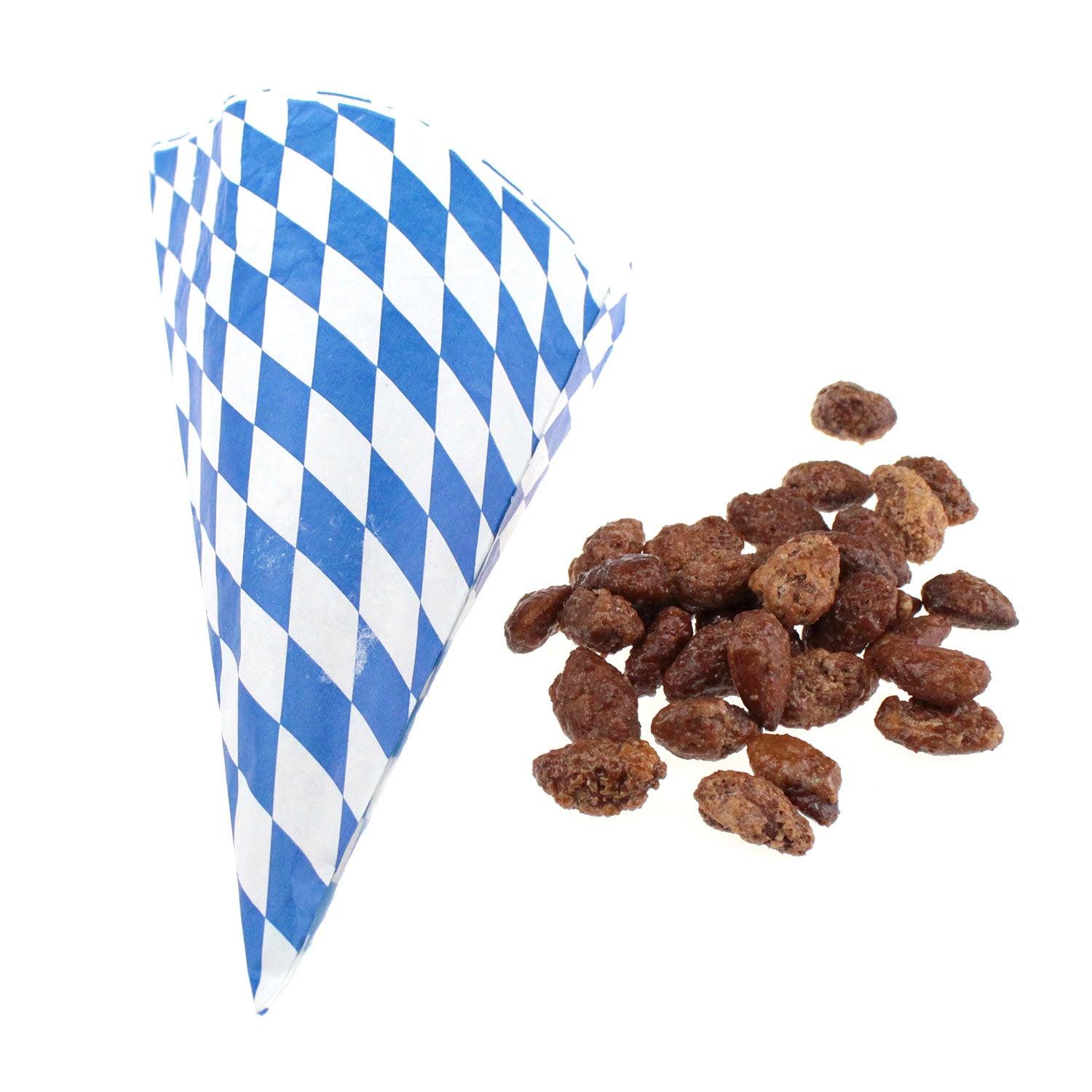 Gebrannte Mandeln mit Zucker und Zimt, goldbraun karamellisiert, preisreduziert, 100 g, lose in Papiertüte.