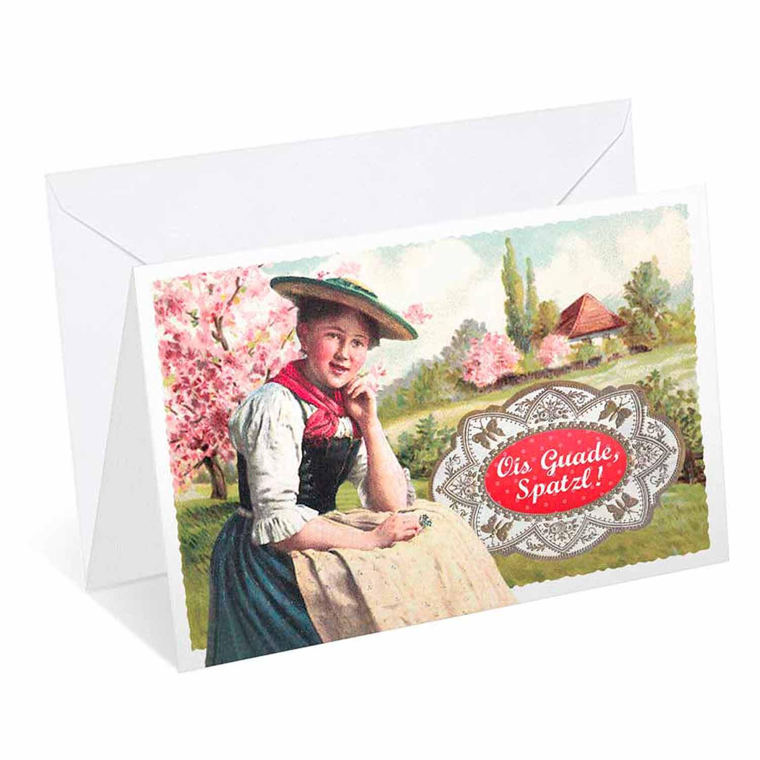 Doppelkarte mit bayerischem Schriftzug „Ois Guade, Spatzl!“, florales Motiv, Glitzereffekt, inkl. weißem Kuvert, 12 × 17,5 cm.