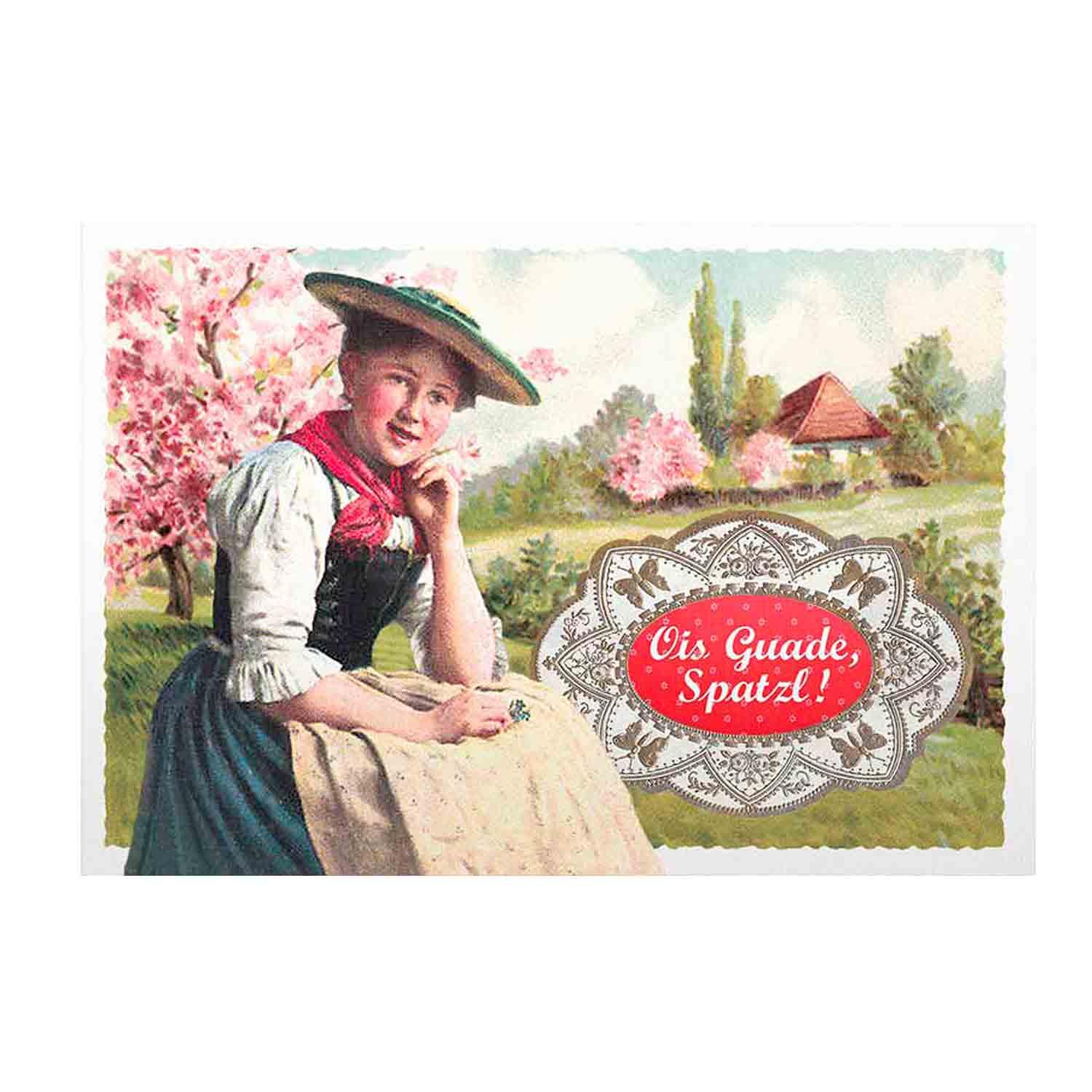 Klappkarte mit rosa und goldfarbenem Schriftzug „Ois Guade, Spatzl!“, floralem Muster und silbernem Glittereffekt, inkl. weißem Kuvert, 12 × 17,5 cm.