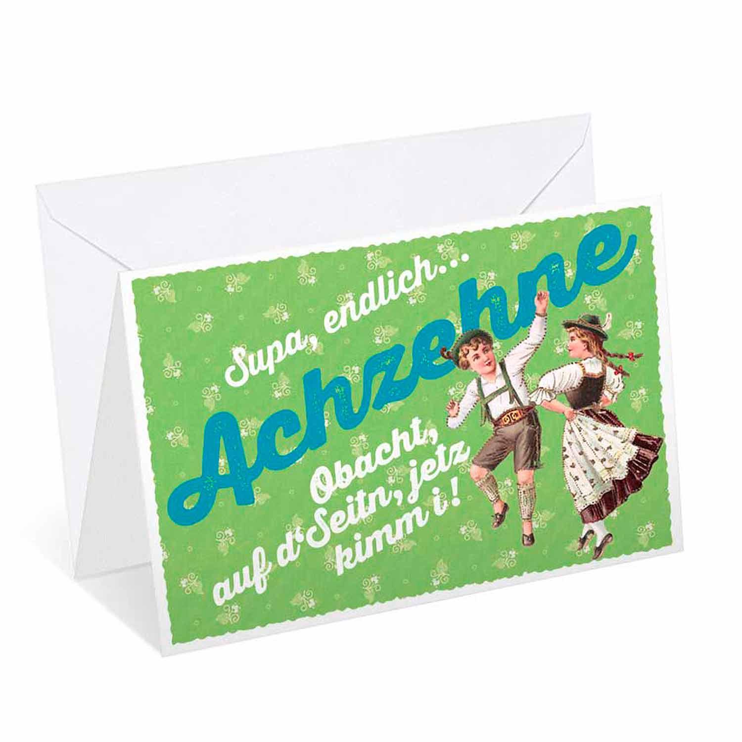 Doppelseitige Geburtstagskarte mit buntem Motiv, Glitter-Akzenten und Aufschrift „Achzehne“, inklusive weißem Kuvert.