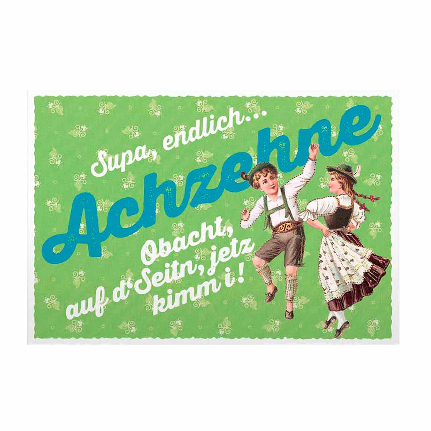 Doppelseitige Geburtstagskarte mit Glitzereffekt, buntem Design und „Achzehne“ Schriftzug, inkl. weißem Kuvert, 12 × 17,5 cm.