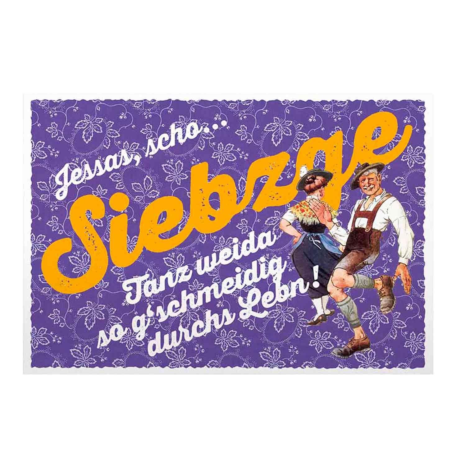 Doppelkarte mit buntem Comic-Motiv und Zahl 70, Spruch „Siebzge“, mit Glitter, inkl. weißem Kuvert, 12 x 17,5 cm