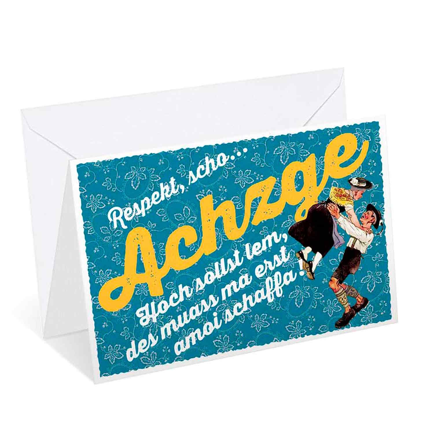 Doppelkarte mit bayerischem Motiv, Zahl „80“, Sprechblase, rotem Herz und Glitzeroptik, inkl. weißem Kuvert.