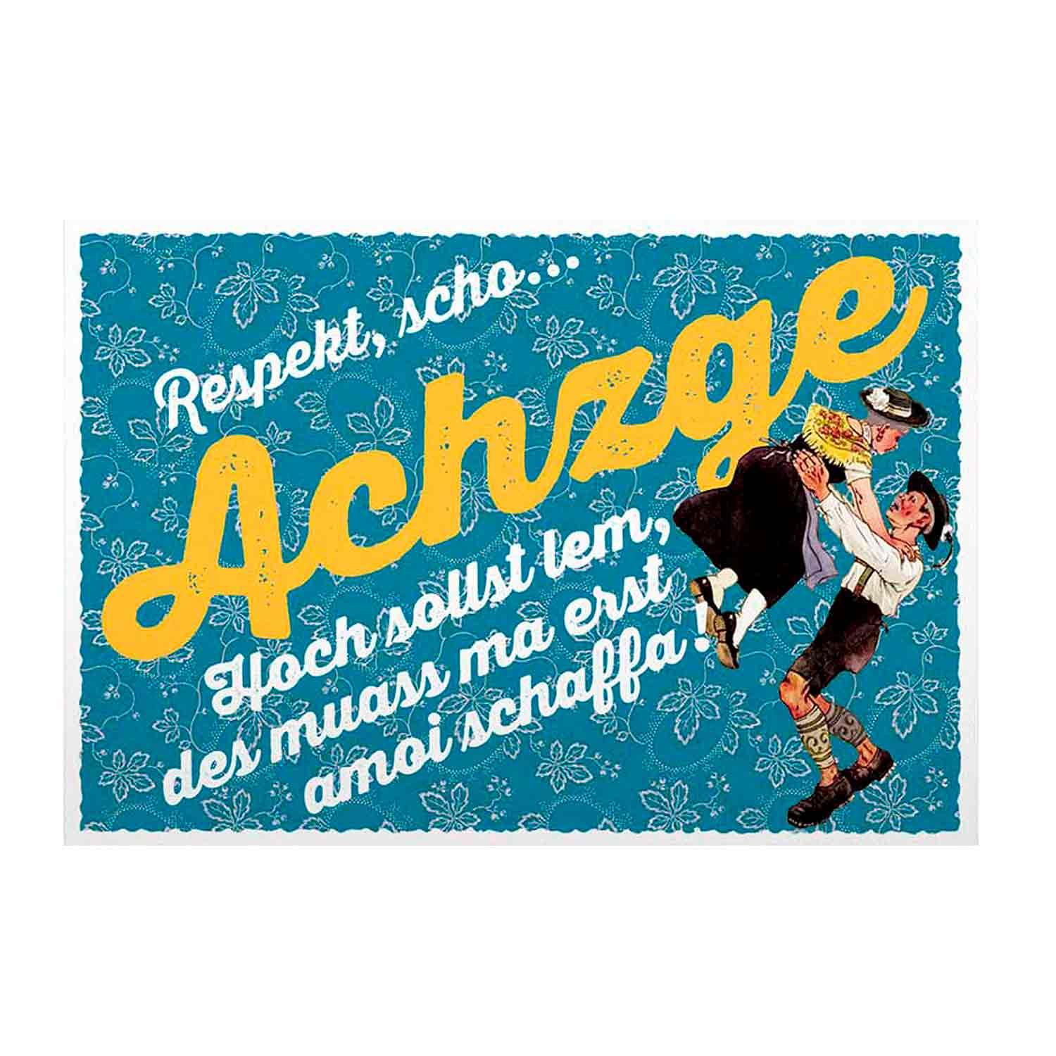 Klappkarte mit bunter 80-Zahl, bayrischem Motiv, Schriftzug „Achzge“ und silbernem Glitter, inkl. weißem Kuvert.